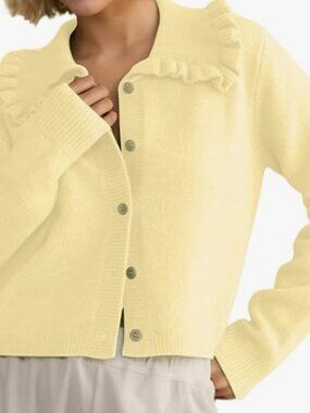 Yellow Ruffle Collar Cardigan Sweater - Women L